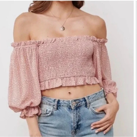 Saints + Secrets Cropped Rutched Top Blouse Ruffles Pale Pink Sexy Pretty Fun 🩷 - Picture 1 of 6